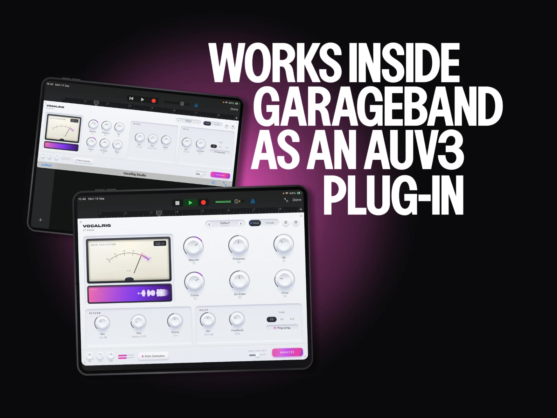 VocalRig Studio running as an AUv3 plug-in inside GarageBand on two iPads